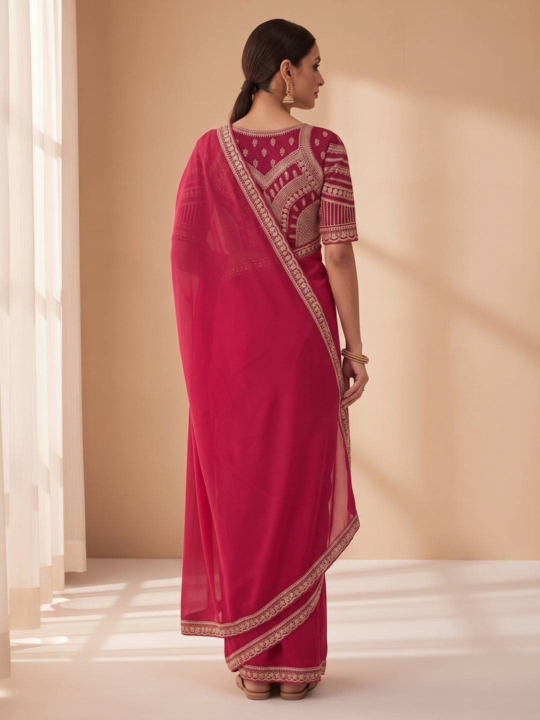 Ethnic Pink Satin Saree with Elegant Embroidered Blouse - Image 2