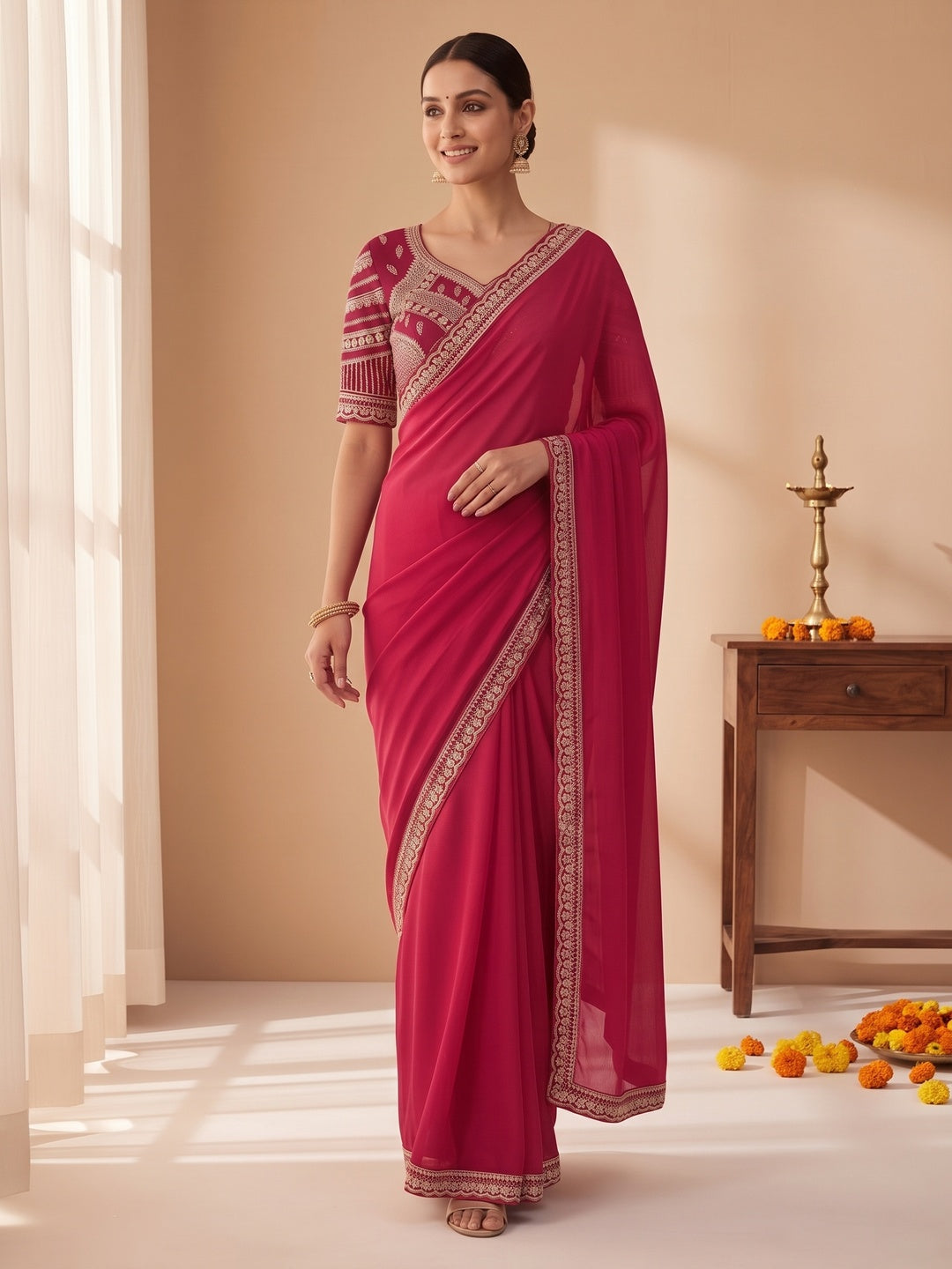 Ethnic Pink Satin Saree with Elegant Embroidered Blouse - Image 4