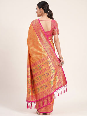Orange Paithani Saree In Kanjivaram Silk Featuring Floral Woven Motifs & Tassel Pallu - Image 2