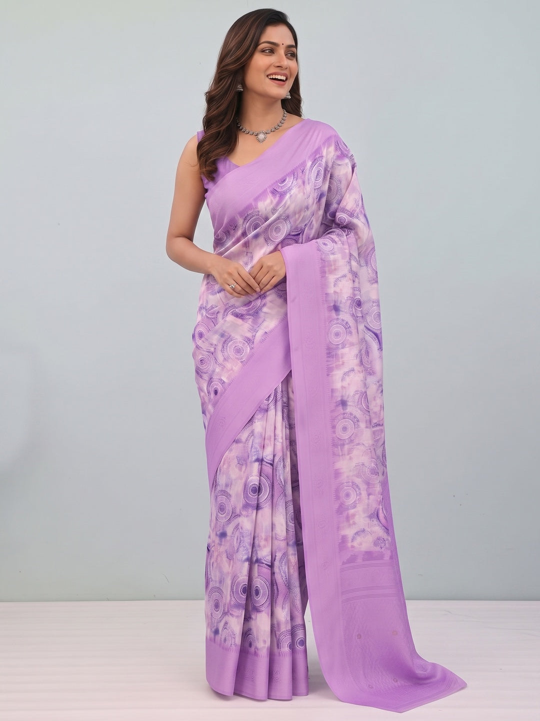 Lavender Digital Print Silk Blend Lucknowi Saree With Jacquard Woven Border & Rich Pallu - Image 11