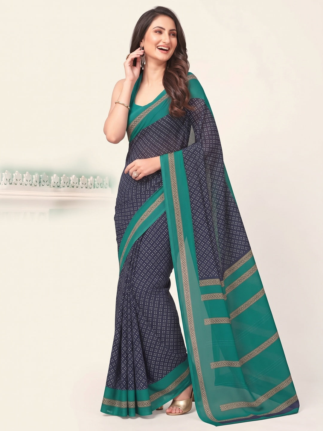 Navy blue Printed Crepe Silk Saree - Image 5