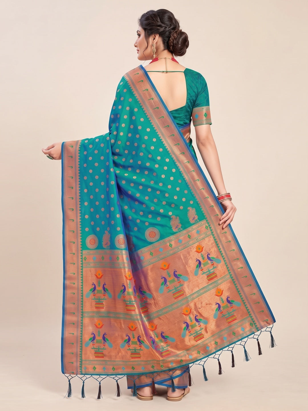 Turquoise Woven Art Silk Paithani Saree With Tassels - Image 3