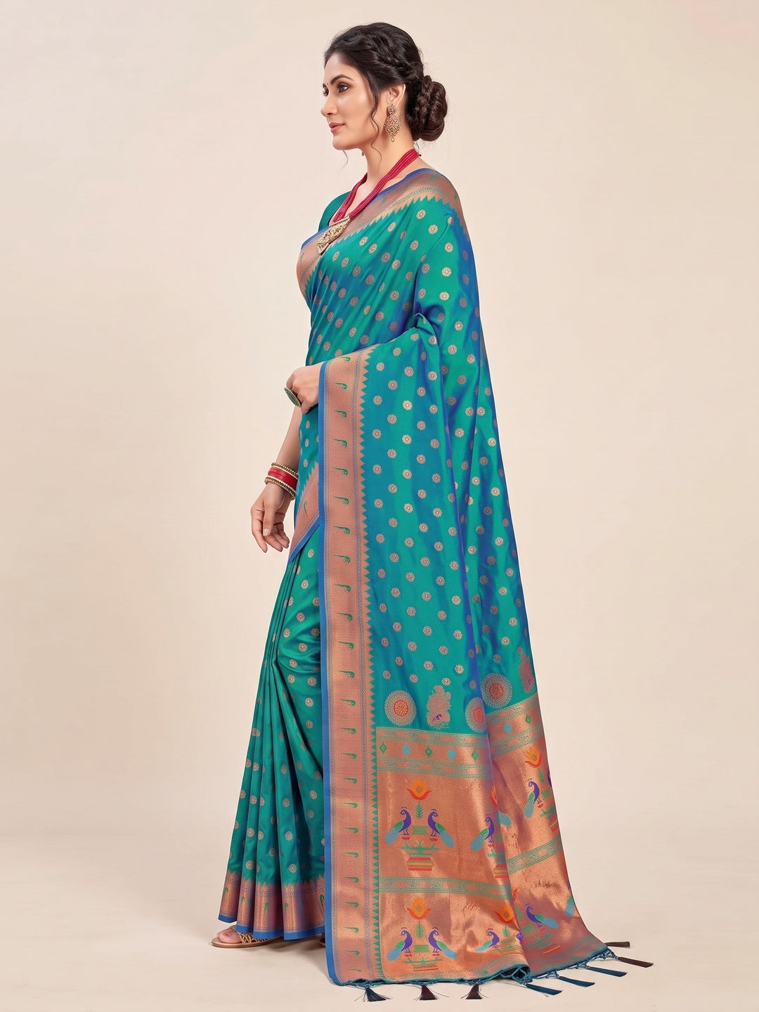 Turquoise Woven Art Silk Paithani Saree With Tassels - Image 4