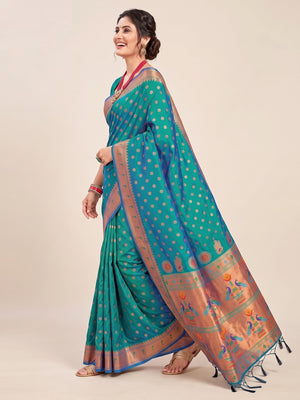 Turquoise Woven Art Silk Paithani Saree With Tassels - Image 5