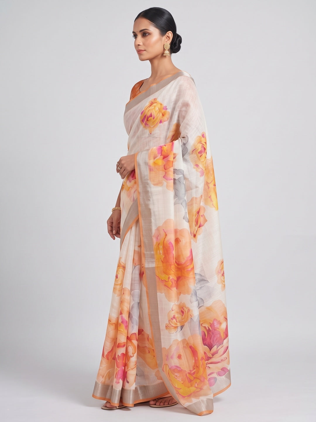 Refreshing Orange Floral Digital Printed Linen Saree Accented With A Subtle Silver Border - Image 3
