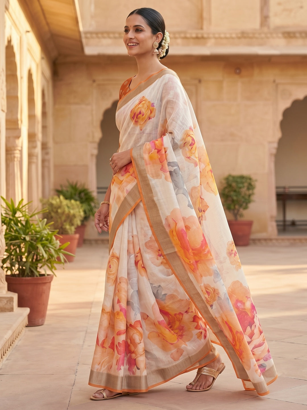 Refreshing Orange Floral Digital Printed Linen Saree Accented With A Subtle Silver Border - Image 4