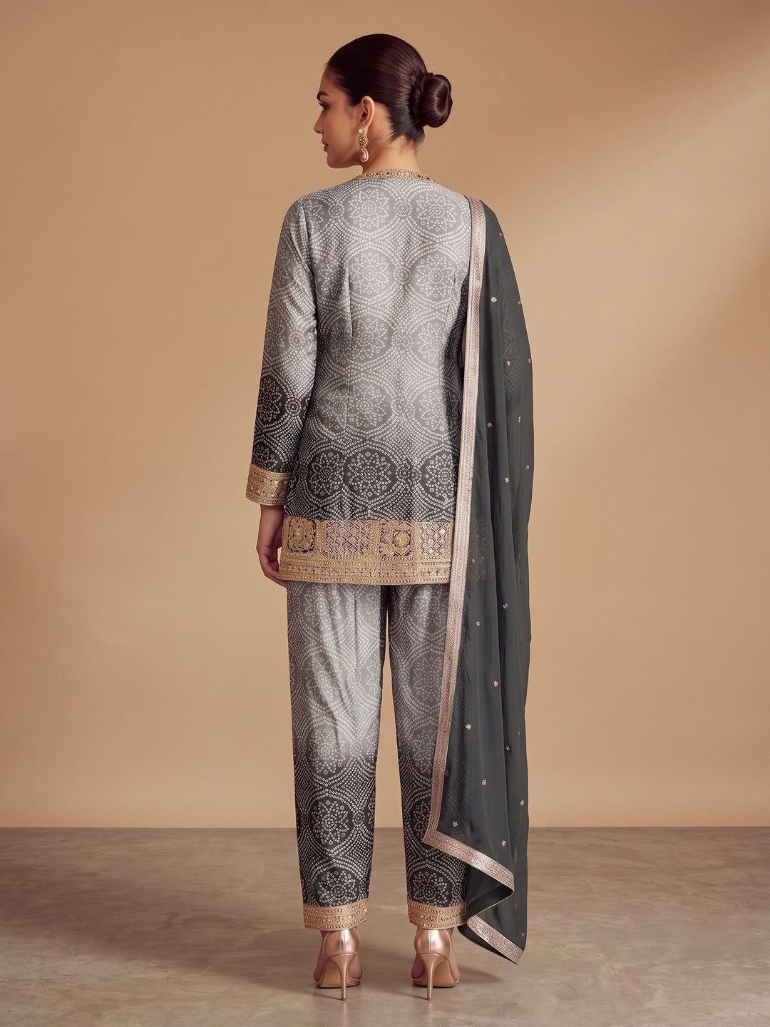 Grey & Black Bandhani Print With Sequins Embroidered Chinon Palazzo Suit - Image 2