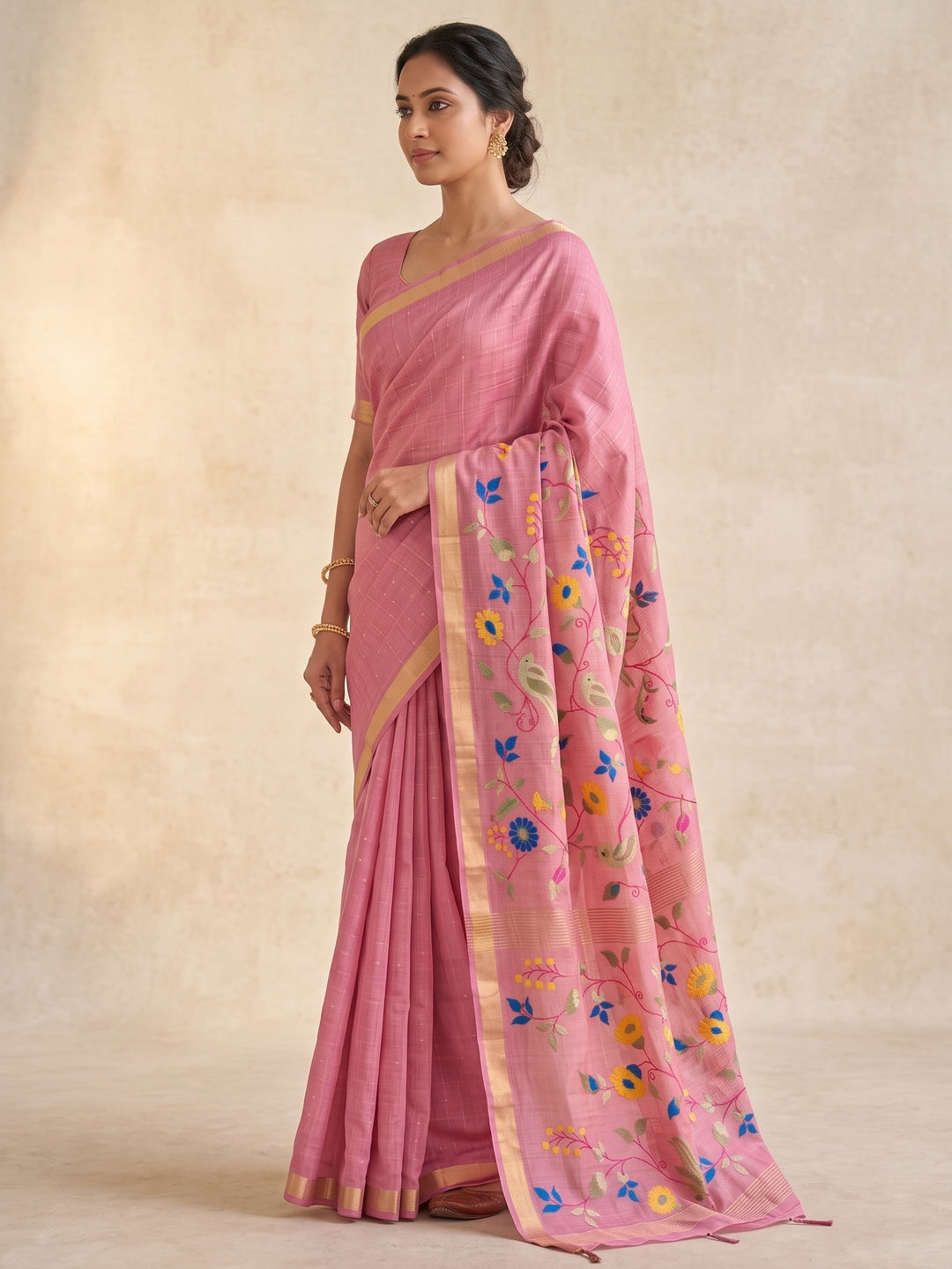 Peachmode Pink Jamdani Silk Floral Woven Saree - Image 3