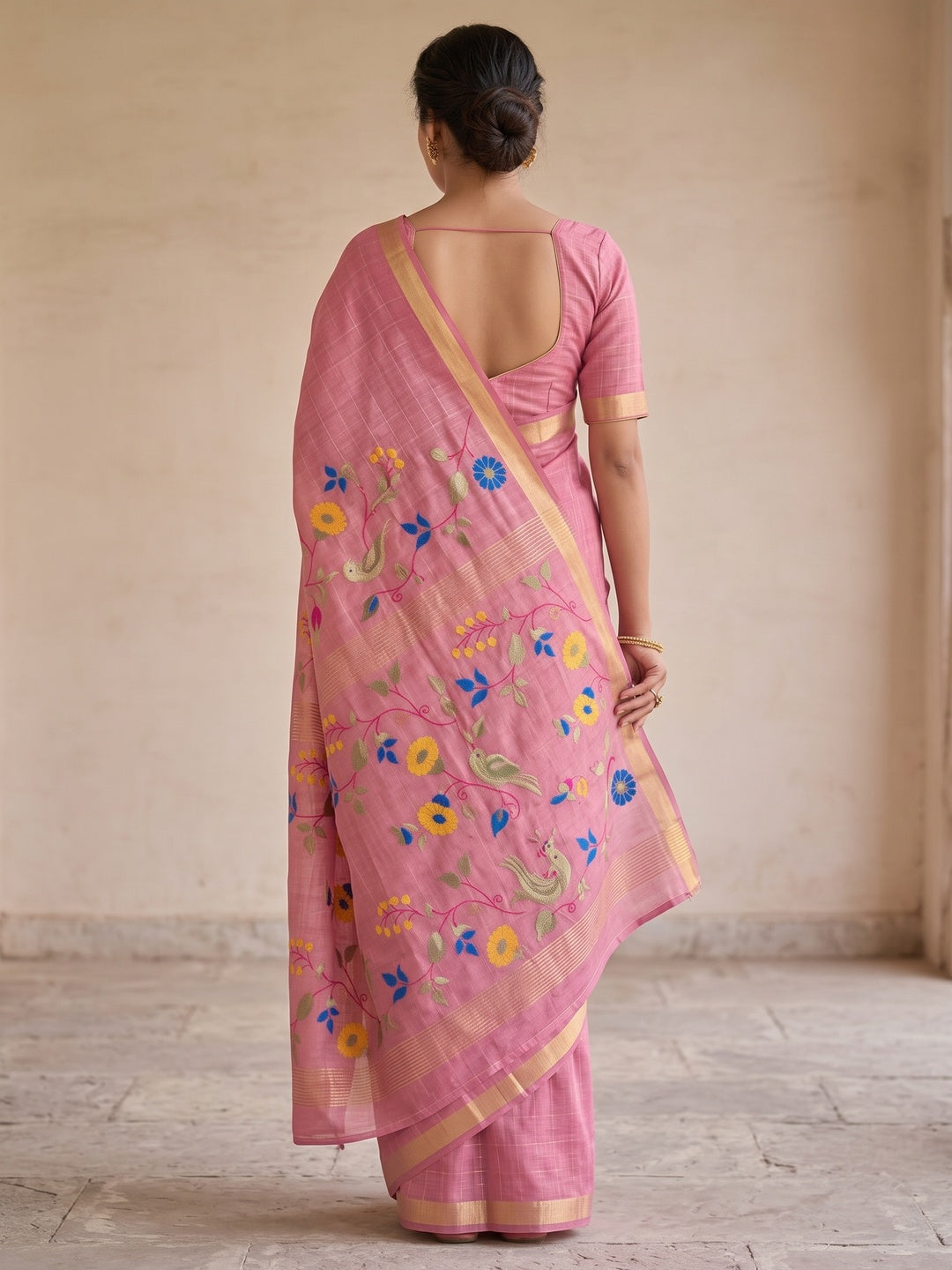 Peachmode Pink Jamdani Silk Floral Woven Saree - Image 5