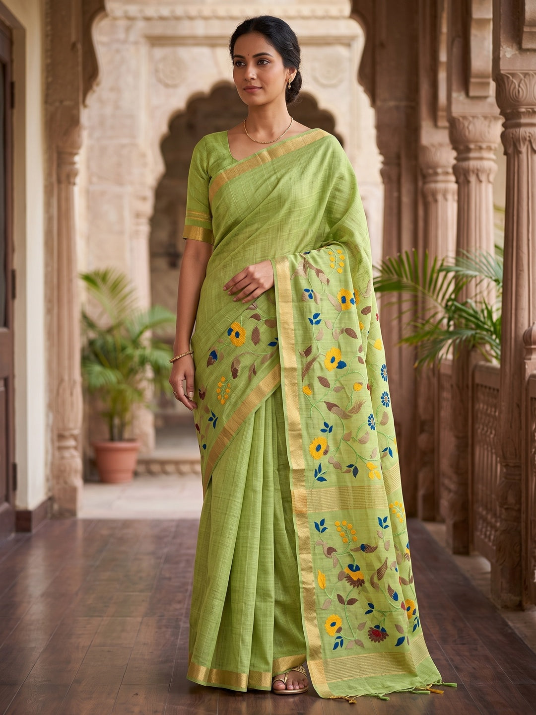 Peachmode Lime Green Jamdani Silk Floral Woven Saree - Image 1