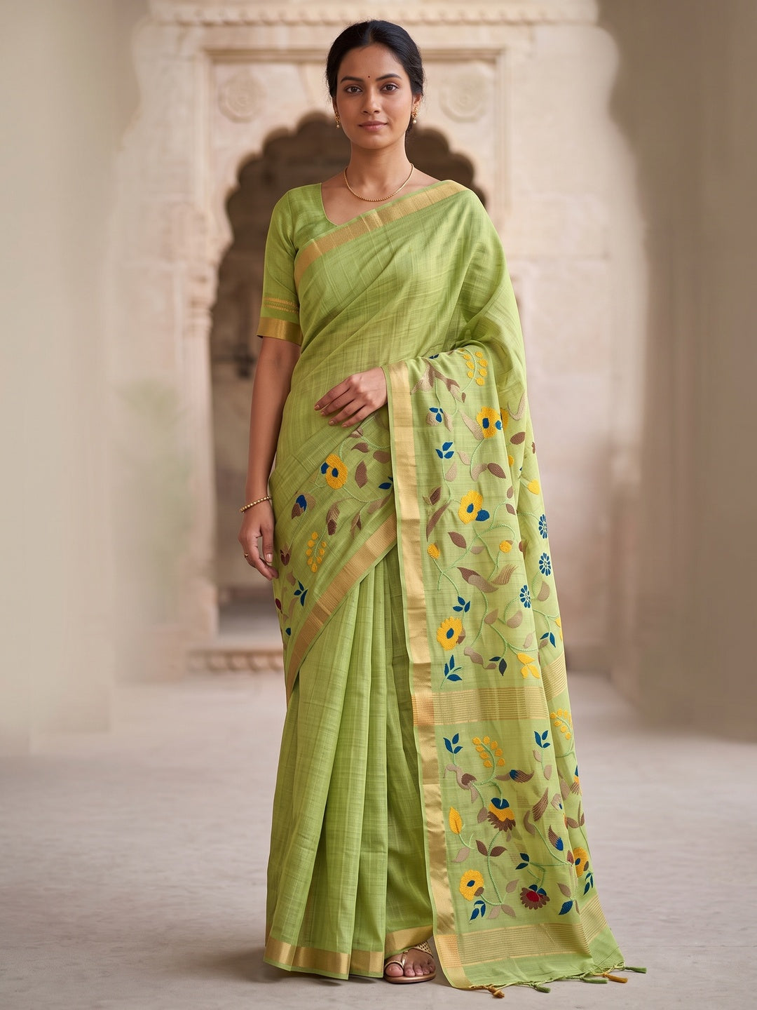 Peachmode Lime Green Jamdani Silk Floral Woven Saree - Image 2
