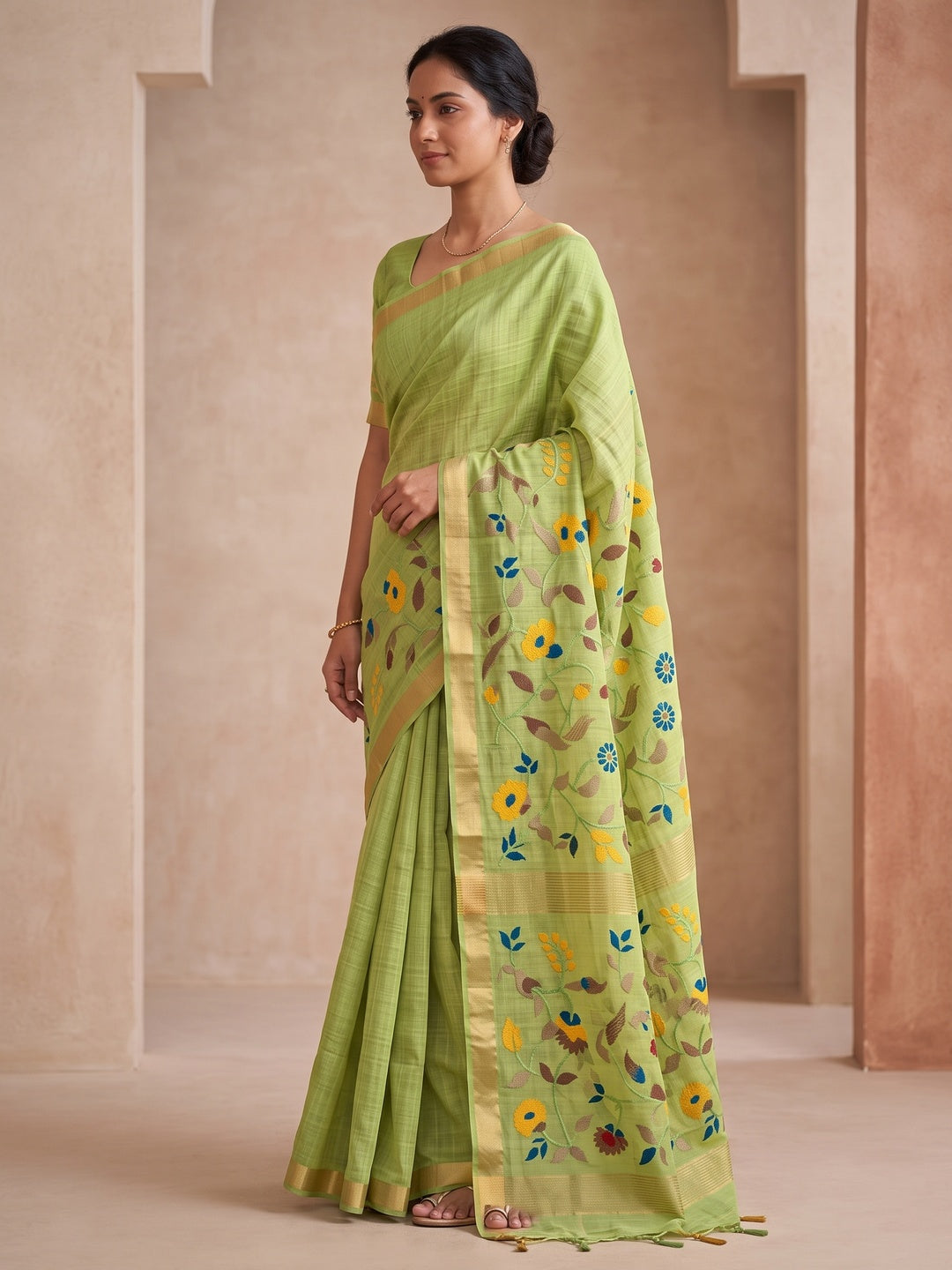 Peachmode Lime Green Jamdani Silk Floral Woven Saree - Image 3