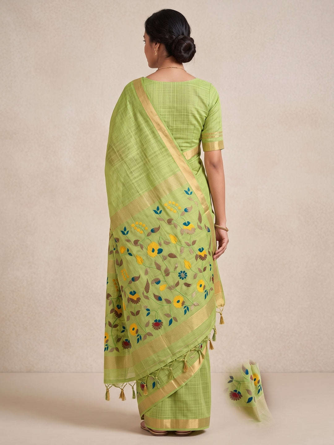 Peachmode Lime Green Jamdani Silk Floral Woven Saree - Image 5