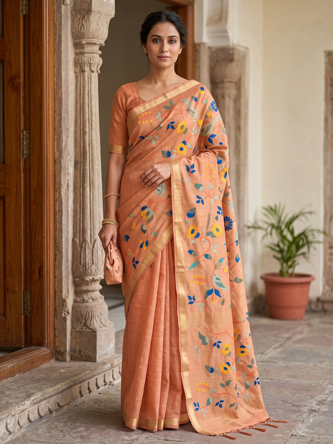 Peachmode Peach Jamdani Silk Floral Woven Saree - Image 1