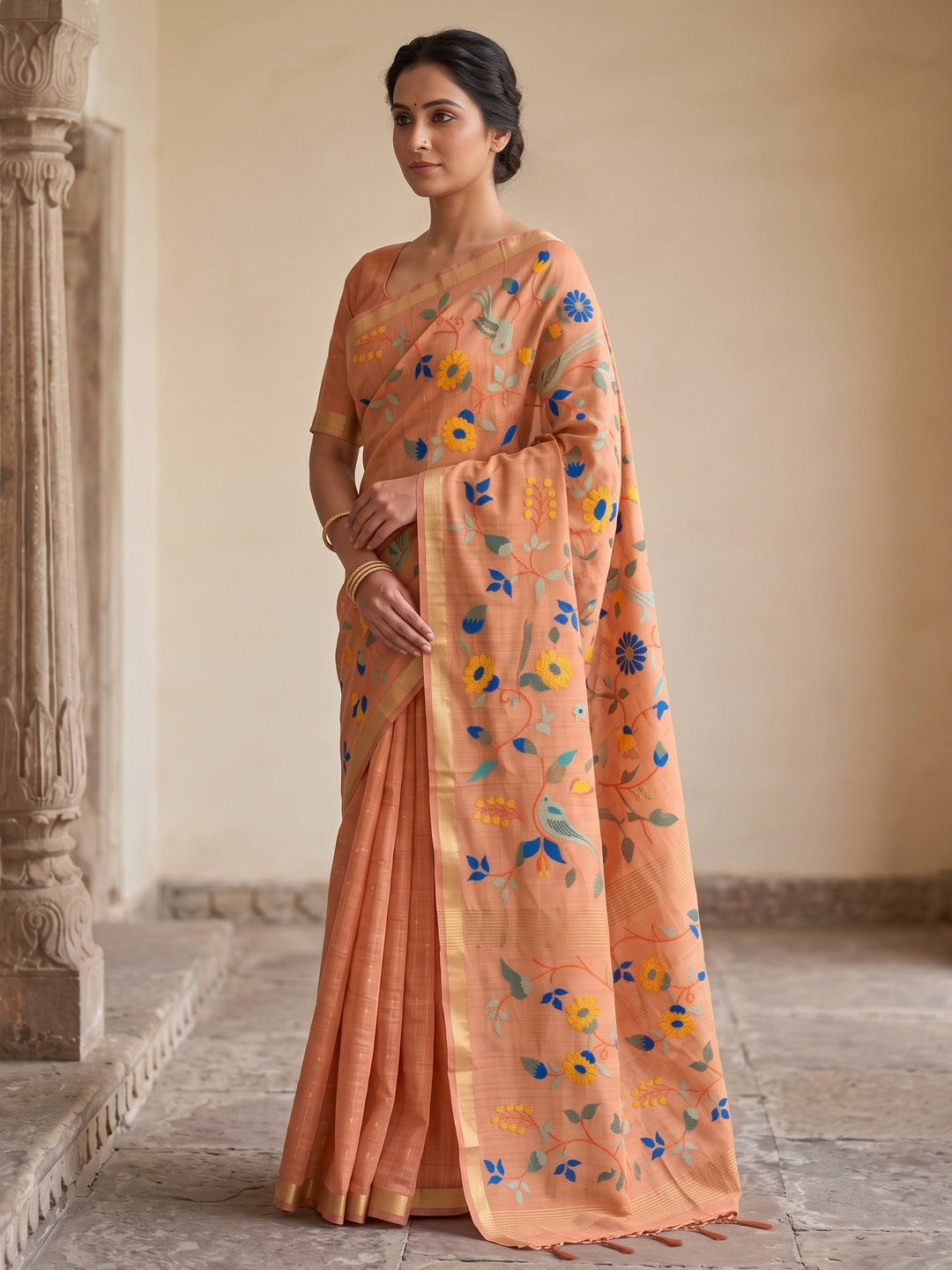Peachmode Peach Jamdani Silk Floral Woven Saree - Image 3