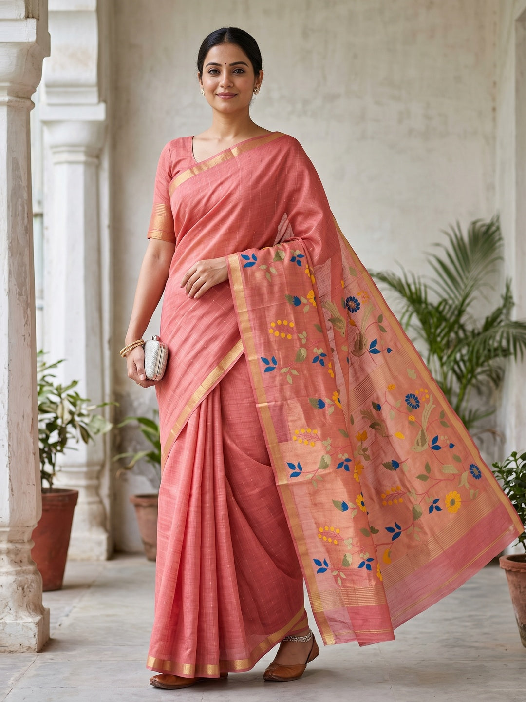 Peachmode Coral Jamdani Silk Floral Woven Saree - Image 1