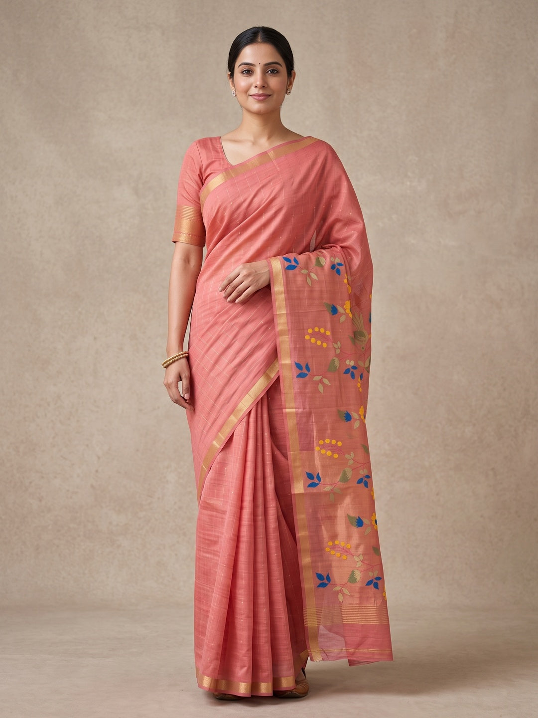 Peachmode Coral Jamdani Silk Floral Woven Saree - Image 2