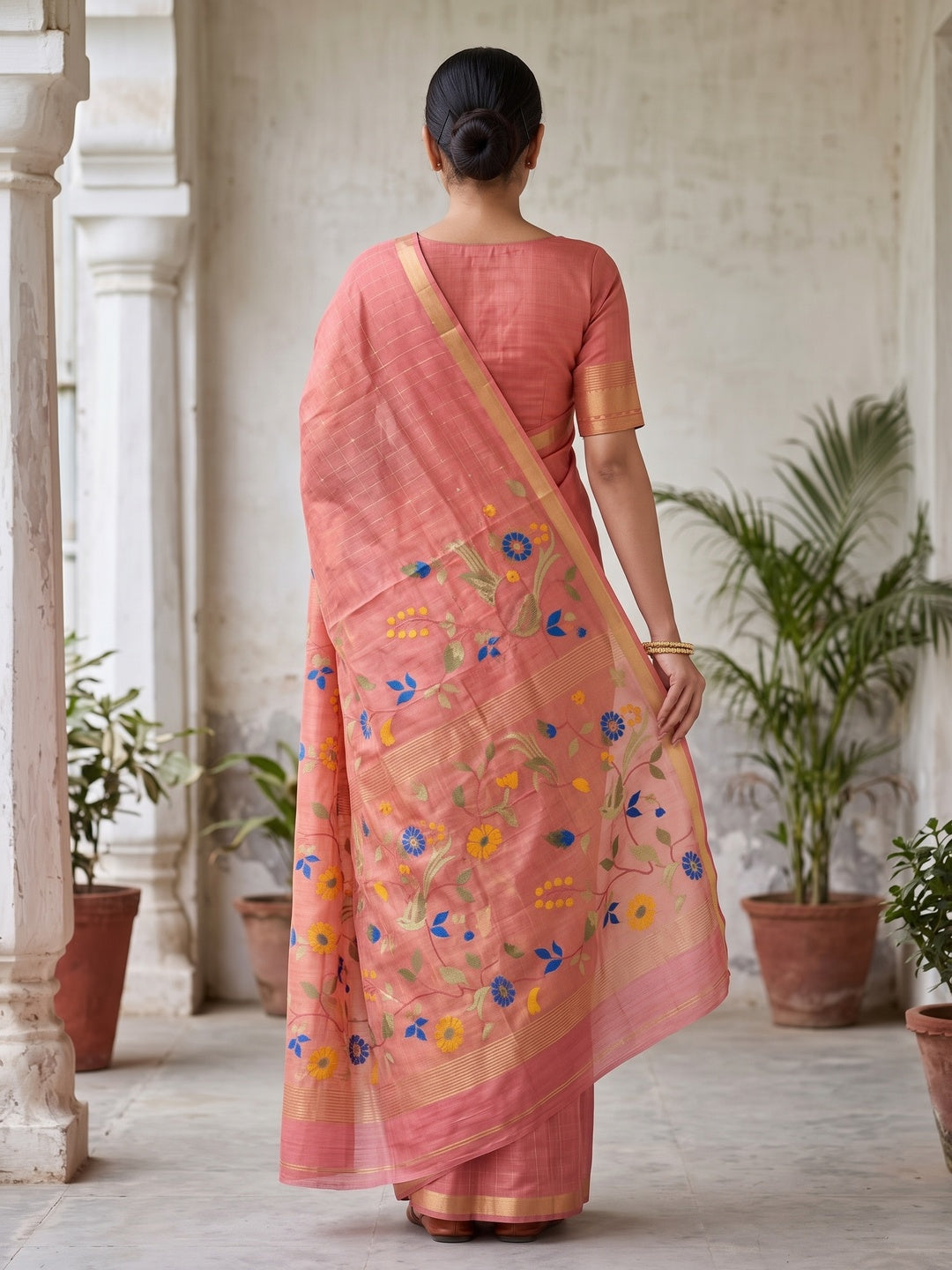 Peachmode Coral Jamdani Silk Floral Woven Saree - Image 5