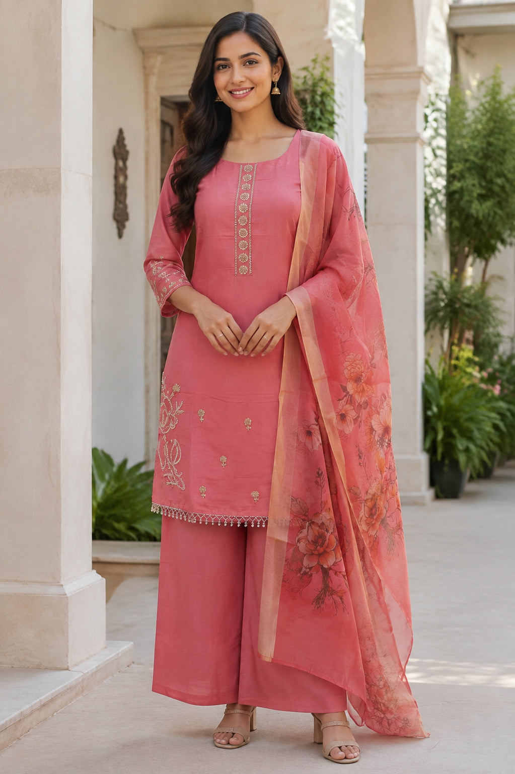 Peachmode Pink Chanderi Silk Floral Embroidered Salwar Suit - Image 1