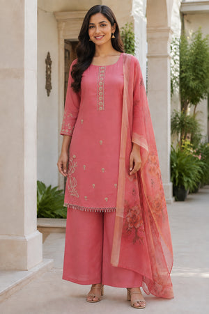 Peachmode Pink Chanderi Silk Floral Embroidered Salwar Suit - Image 2
