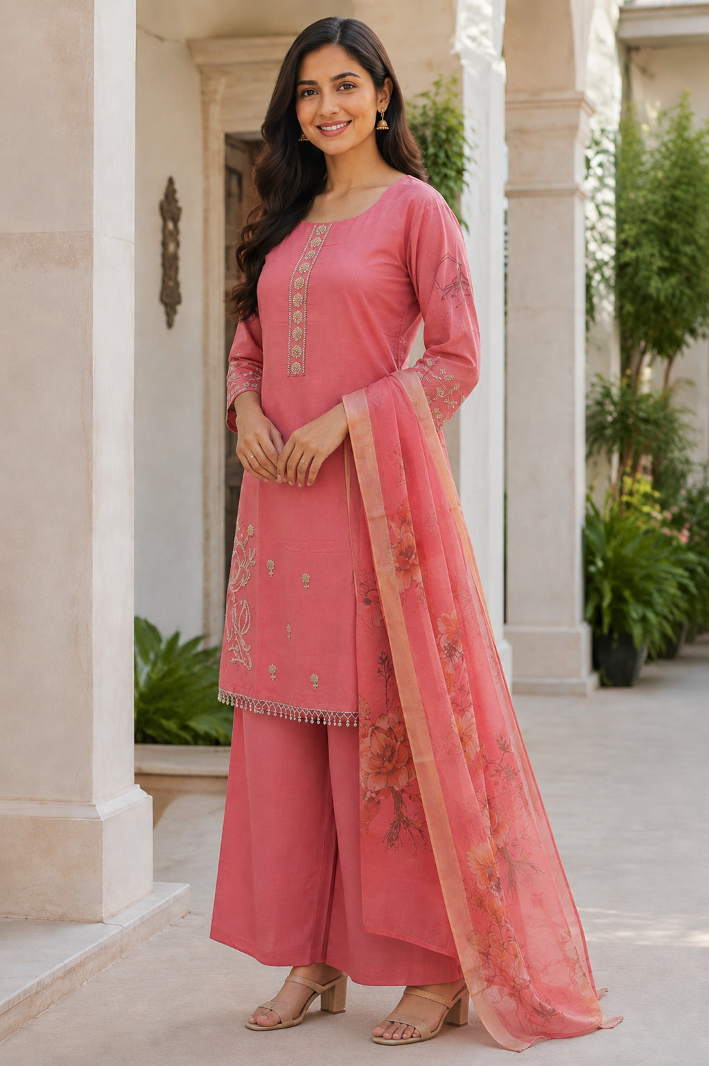 Peachmode Pink Chanderi Silk Floral Embroidered Salwar Suit - Image 3
