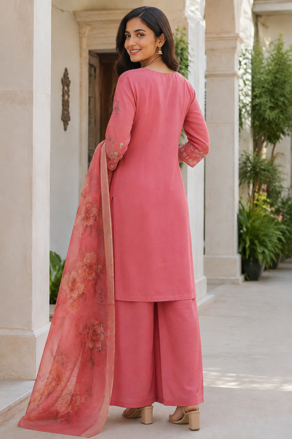 Peachmode Pink Chanderi Silk Floral Embroidered Salwar Suit - Image 4