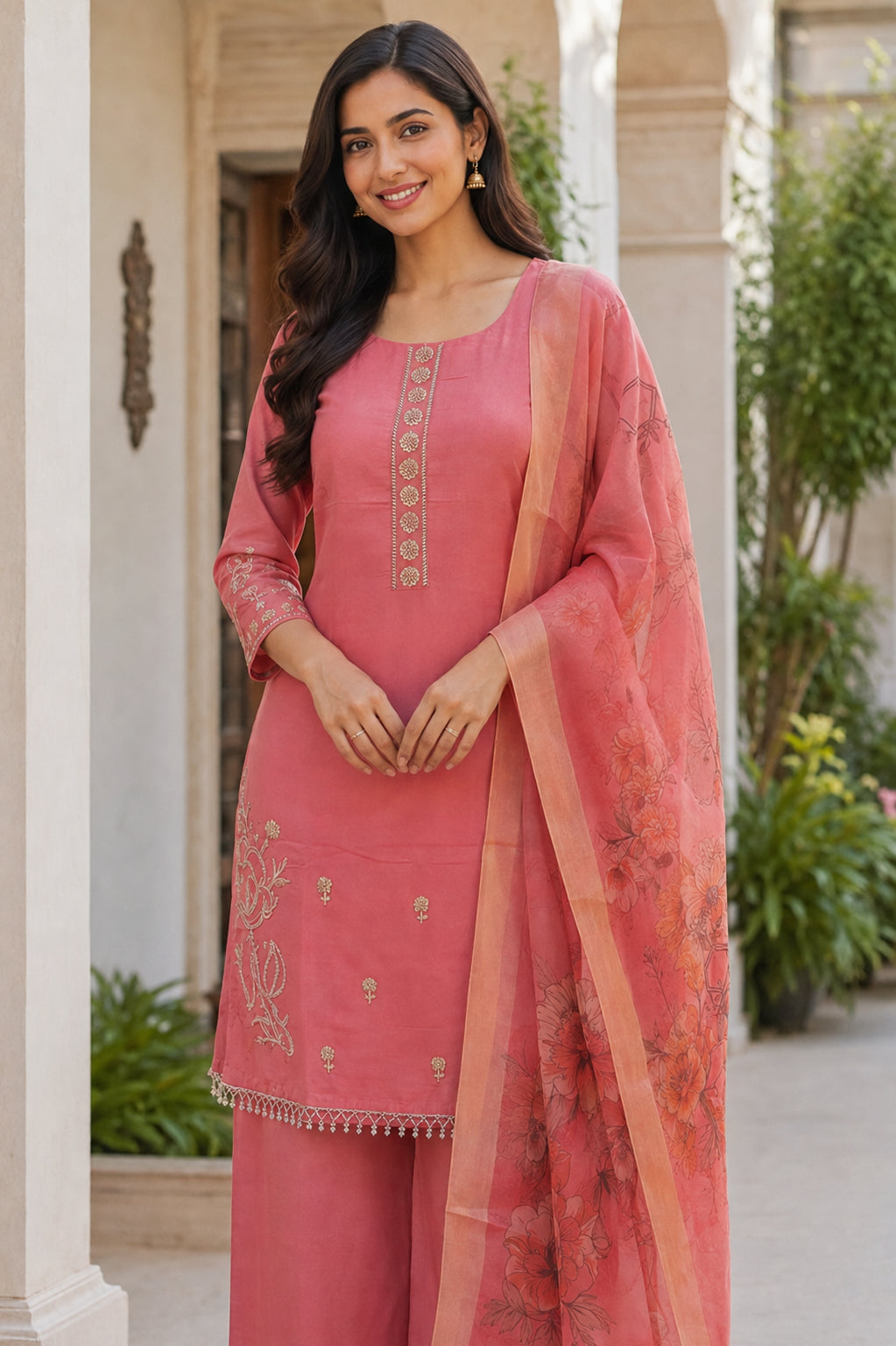 Peachmode Pink Chanderi Silk Floral Embroidered Salwar Suit - Image 5