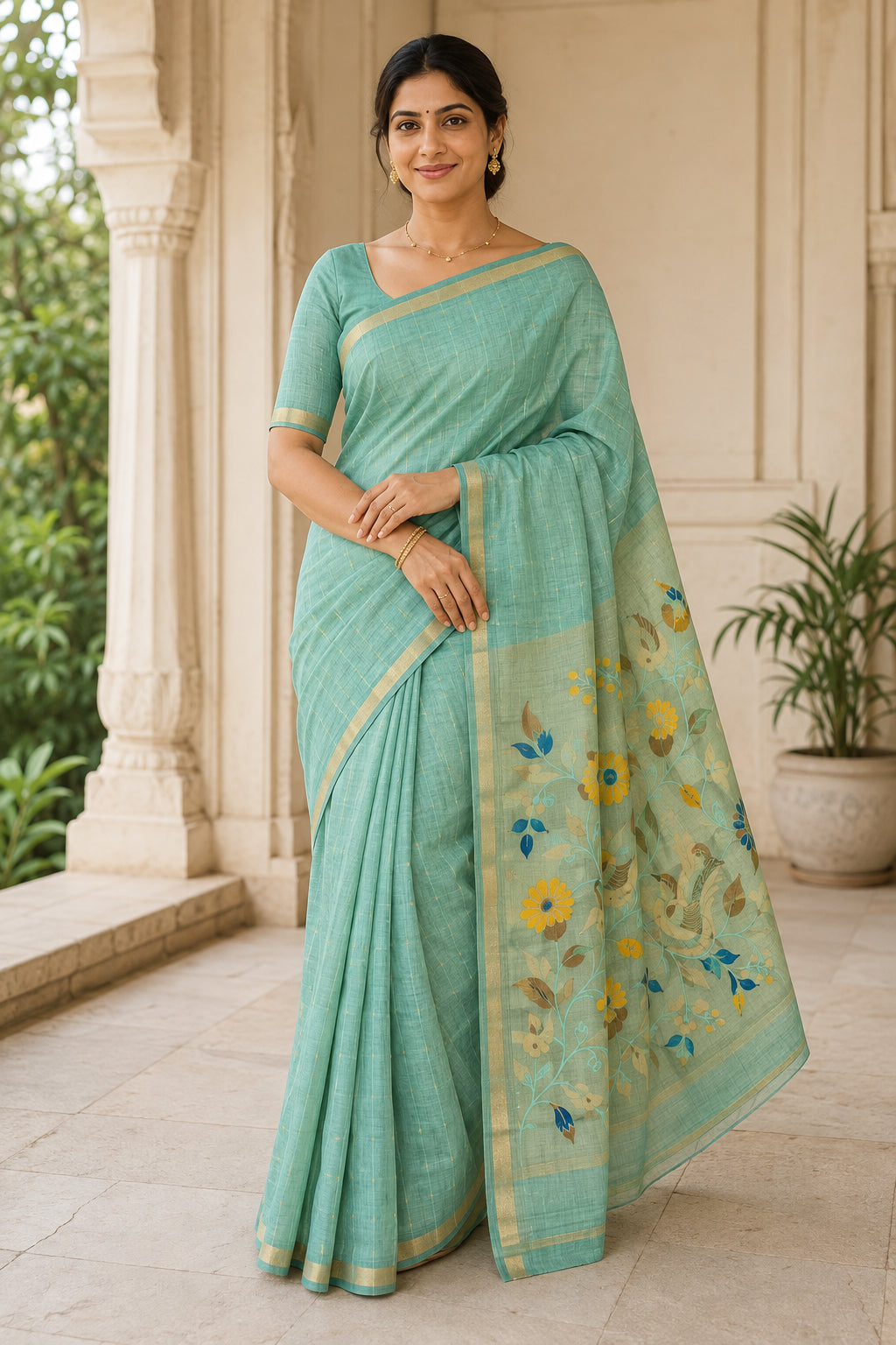 Peachmode Sea Green Jamdani Silk Floral Woven Saree - Image 1