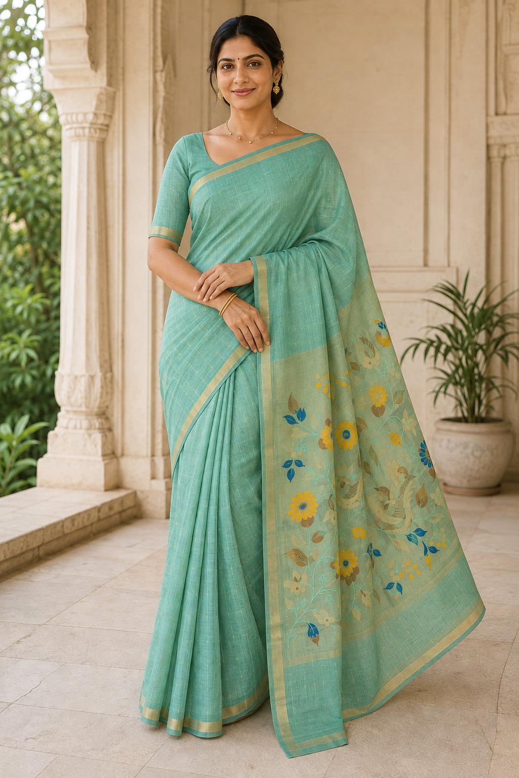 Peachmode Sea Green Jamdani Silk Floral Woven Saree - Image 2