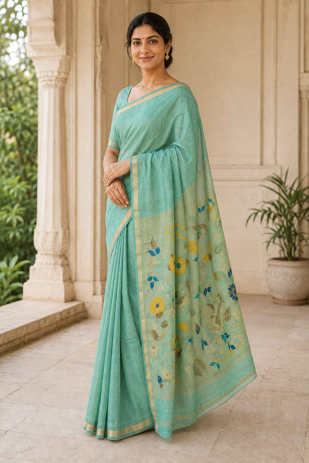 Peachmode Sea Green Jamdani Silk Floral Woven Saree - Image 3