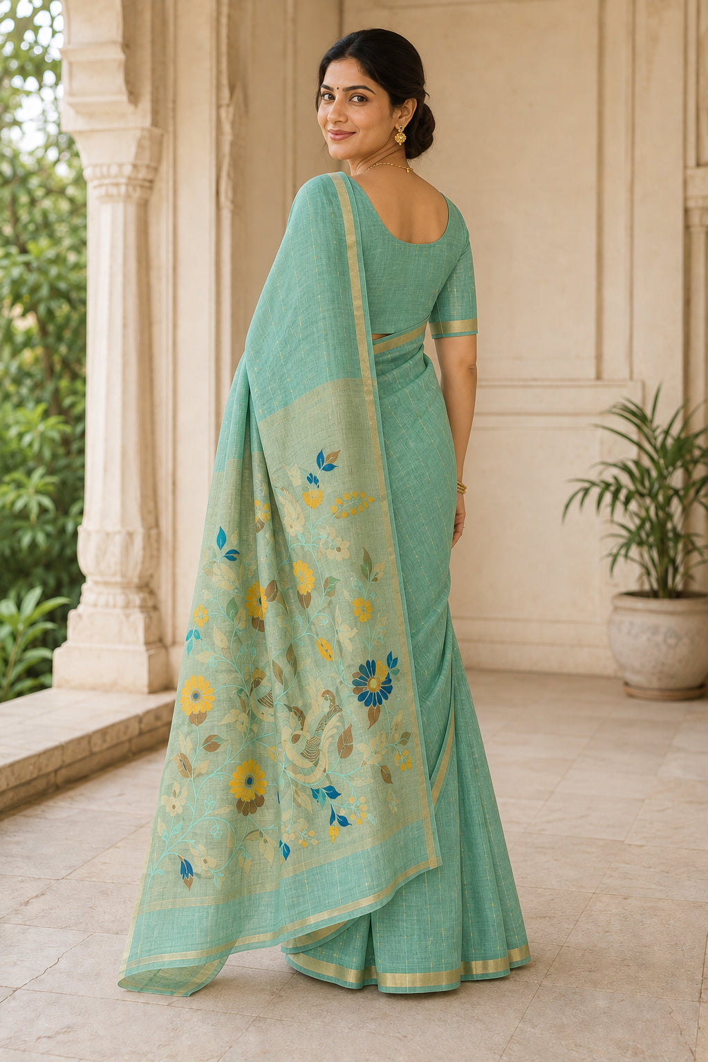 Peachmode Sea Green Jamdani Silk Floral Woven Saree - Image 4