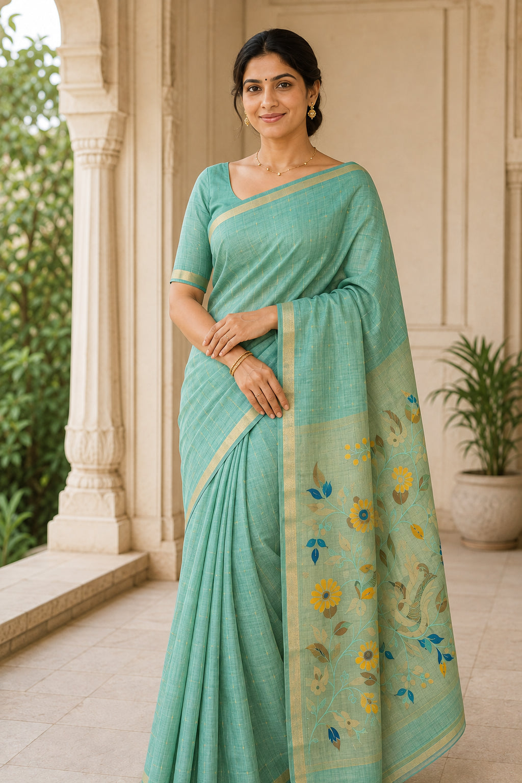 Peachmode Sea Green Jamdani Silk Floral Woven Saree - Image 5