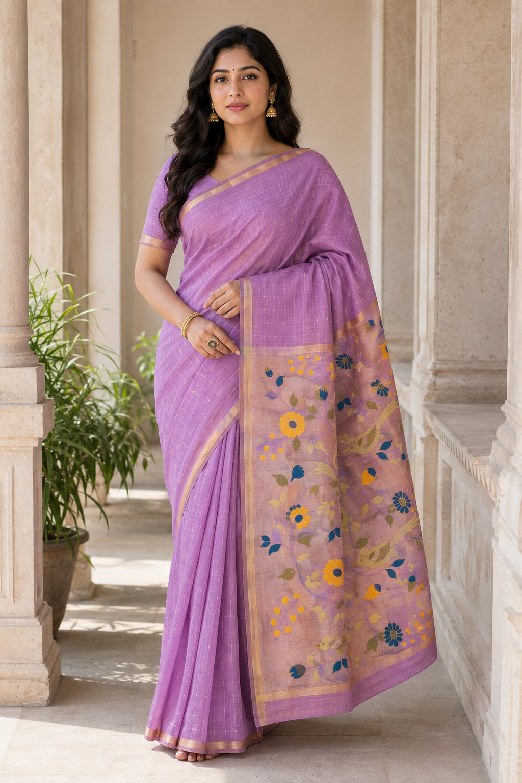 Peachmode Lavender Jamdani Silk Floral Woven Saree - Image 1
