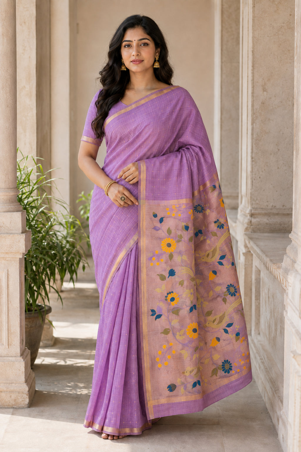 Peachmode Lavender Jamdani Silk Floral Woven Saree - Image 2