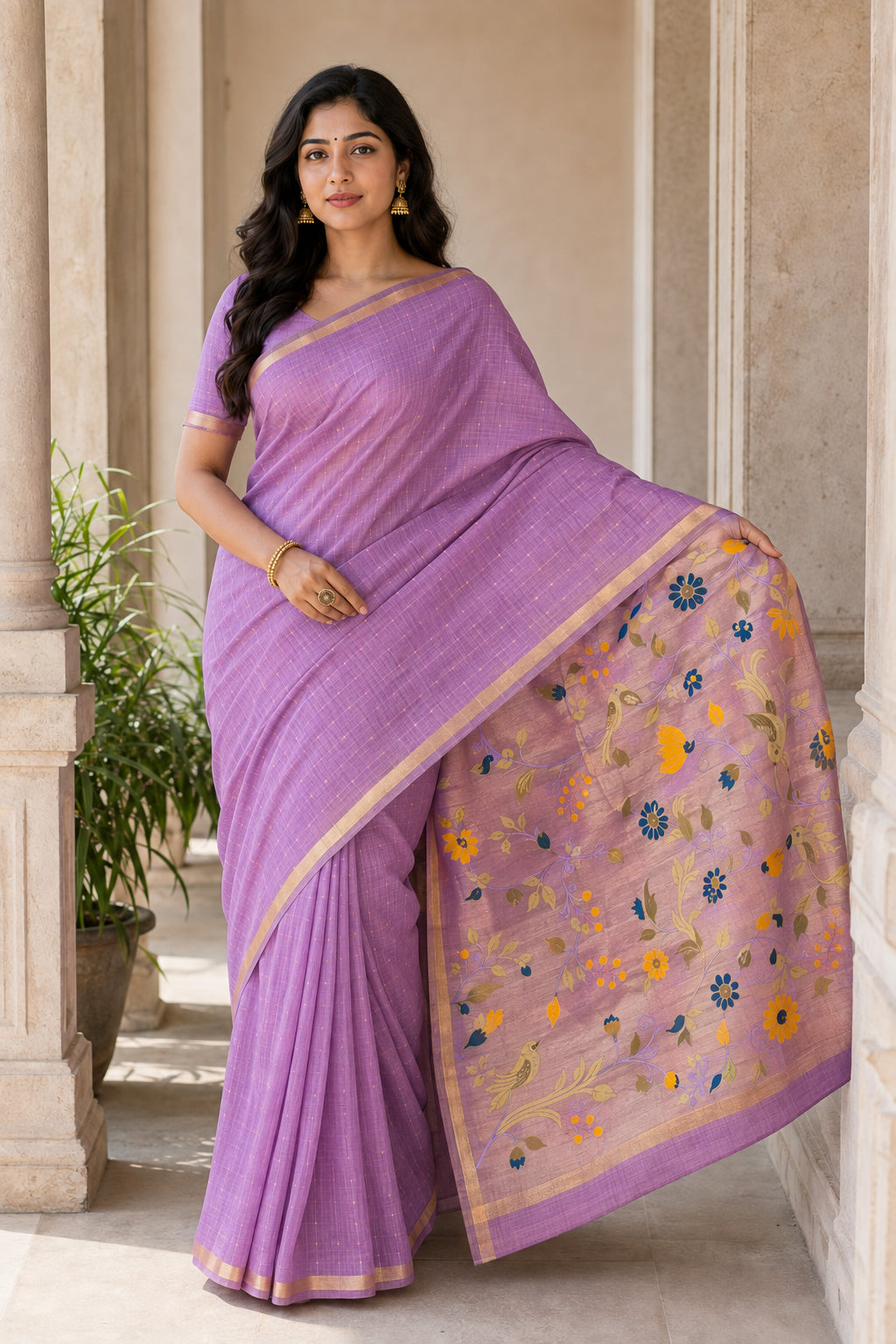 Peachmode Lavender Jamdani Silk Floral Woven Saree - Image 5