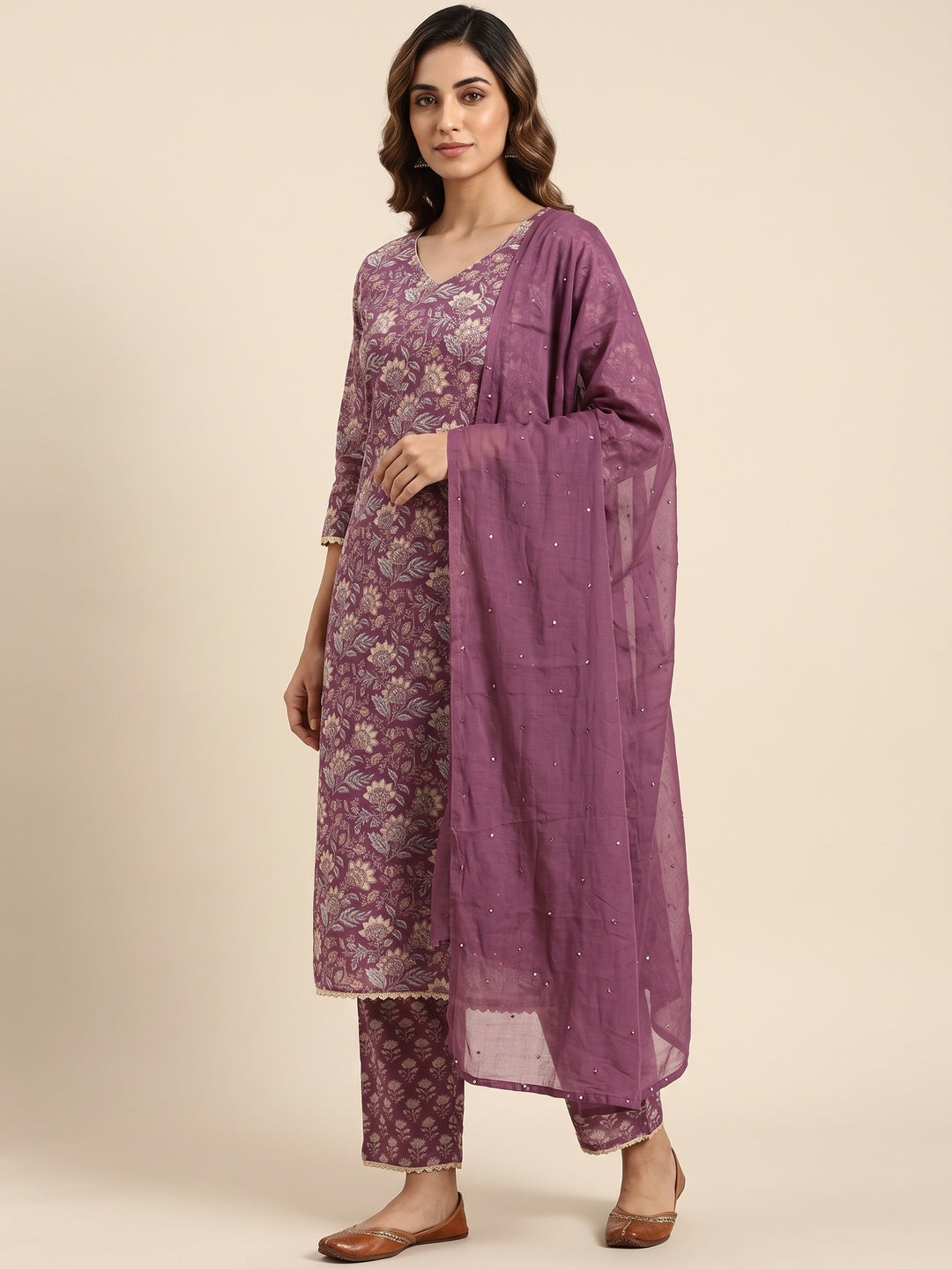 Purple Floral Printed Pure Cotton A-Line Salwar Suit - Image 1