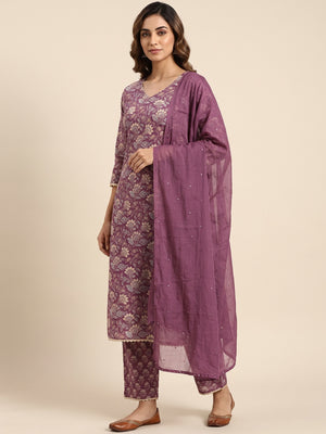 Purple Floral Printed Pure Cotton A-Line Salwar Suit - Image 1
