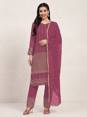 Pink Sequins Embroidered Georgette Semi Stitched Salwar Suit - Image 1