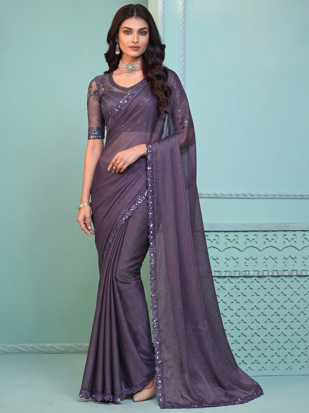 Purple Embroidered Georgette Designer Saree - Image 1