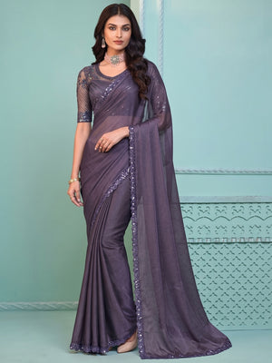 Purple Embroidered Georgette Designer Saree - Image 1