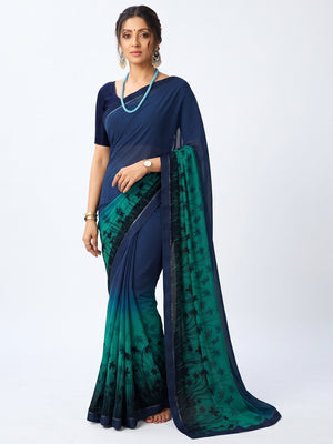 Blue Floral Printed Georgette Saree - Image 1