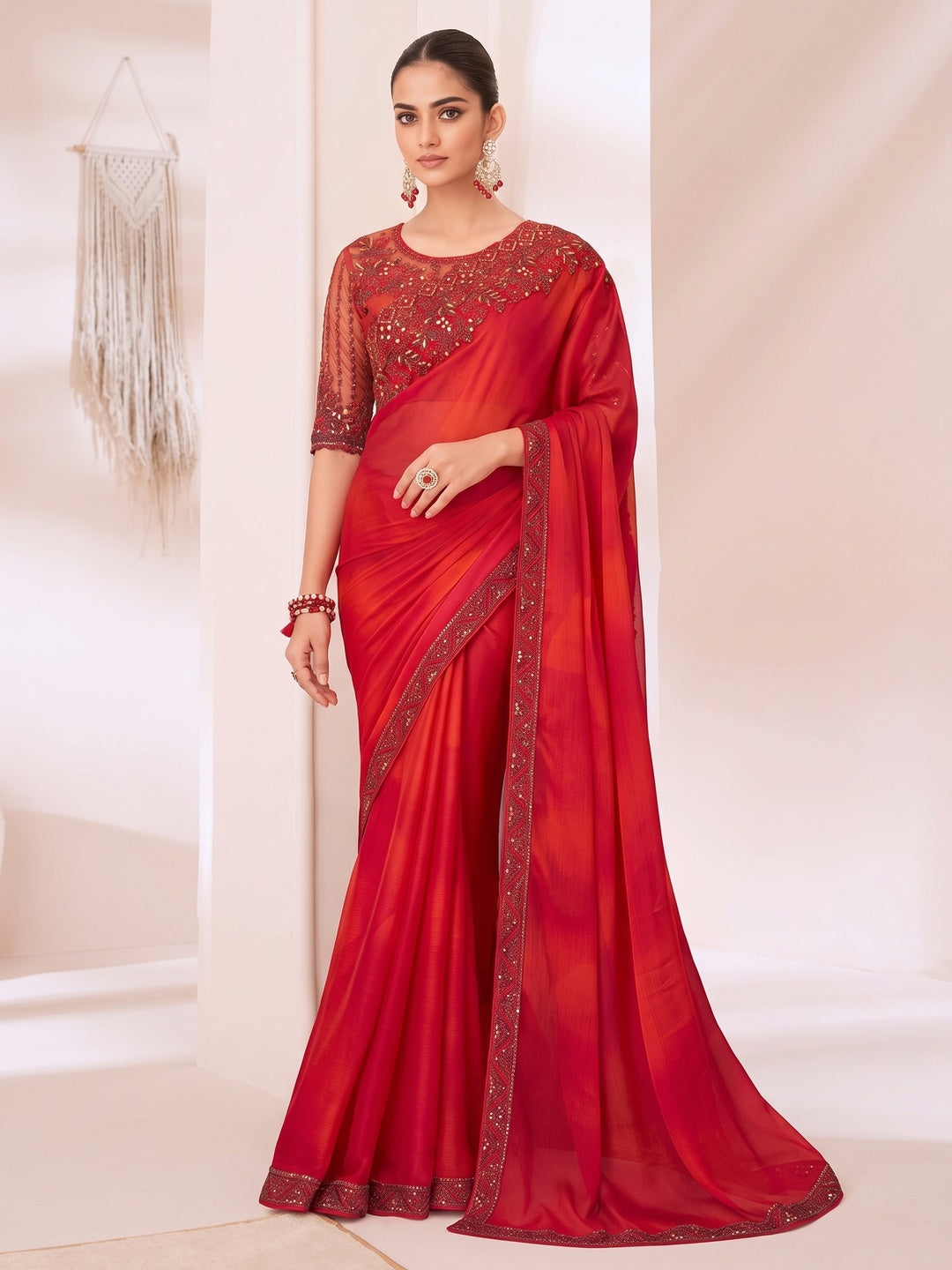 Red Embroidered Chiffon Saree - Image 5