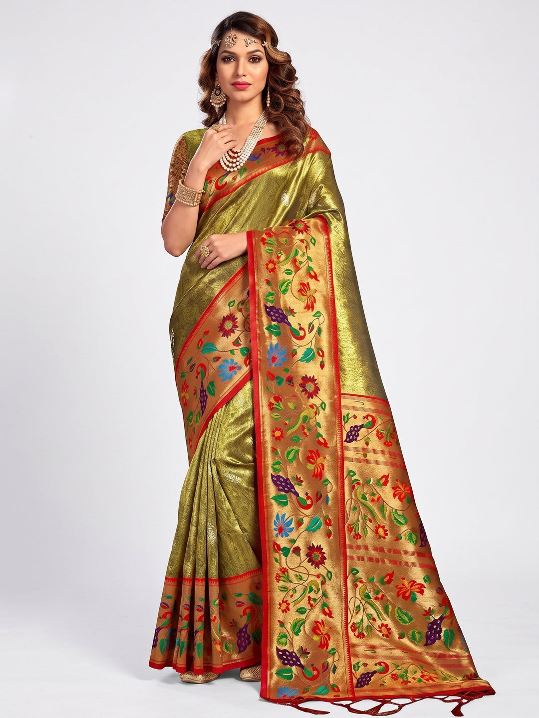 Mehendi Green Woven Raw Silk Paithani Saree With Tassels - Image 1