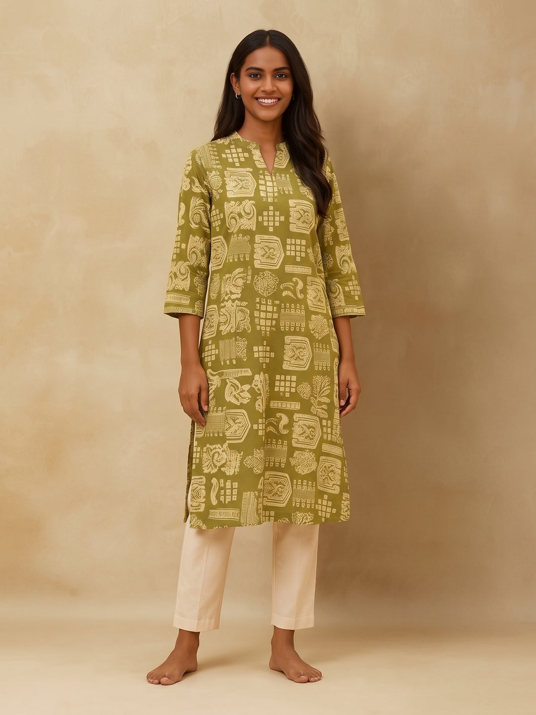 Olive Handblock Printed Pure Cotton A-Line Kurti - Image 9