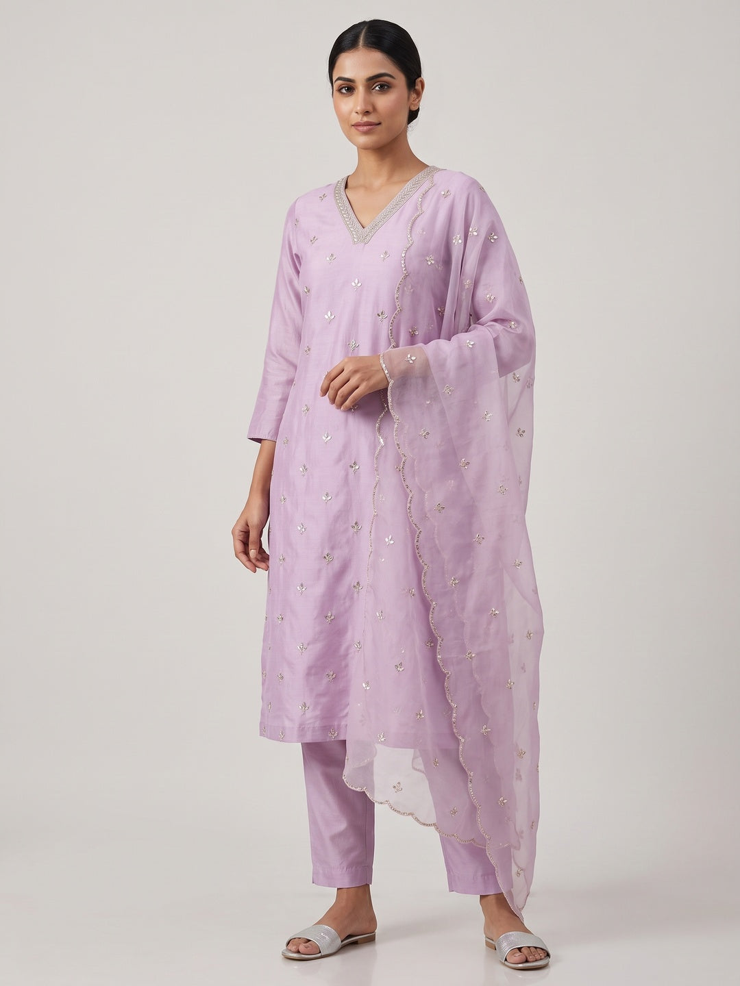 Lavender Embroidered Pure Silk Straight Salwar Suit - Image 1
