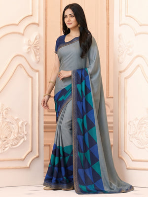 Grey Printed Art Silk Saree With Lace Border - Image 1