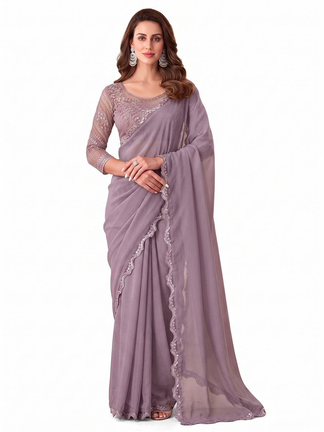 Lavender Sequins Embroidered Georgette Saree - Image 1