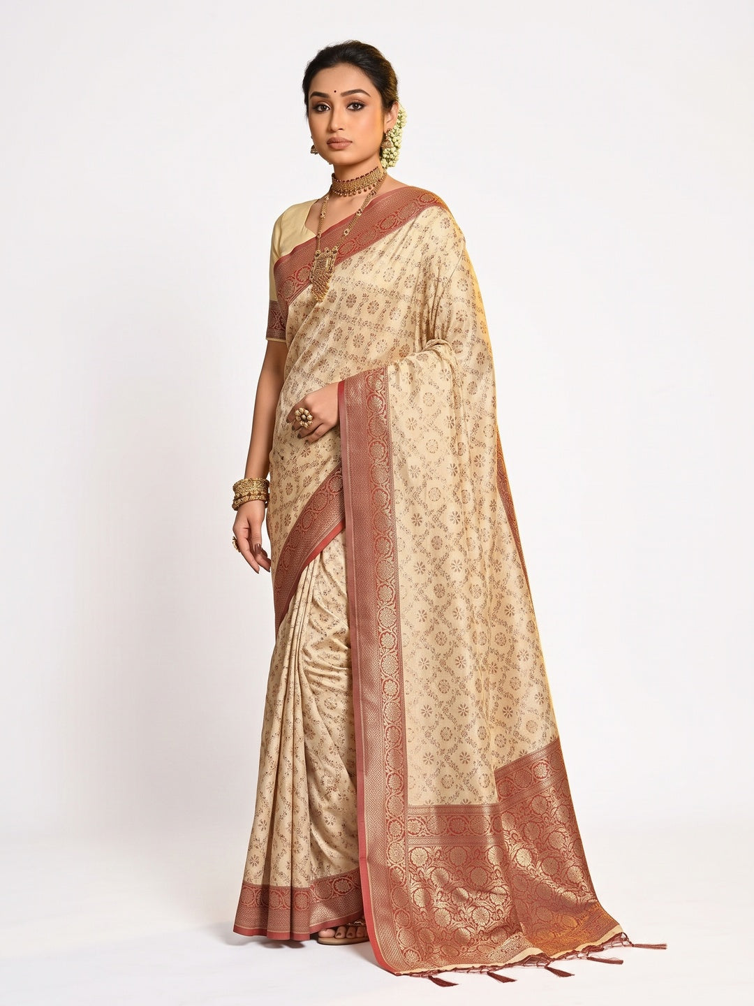 Cream & Red Floral Woven Banarasi Silk Saree With Tassels - Image 1