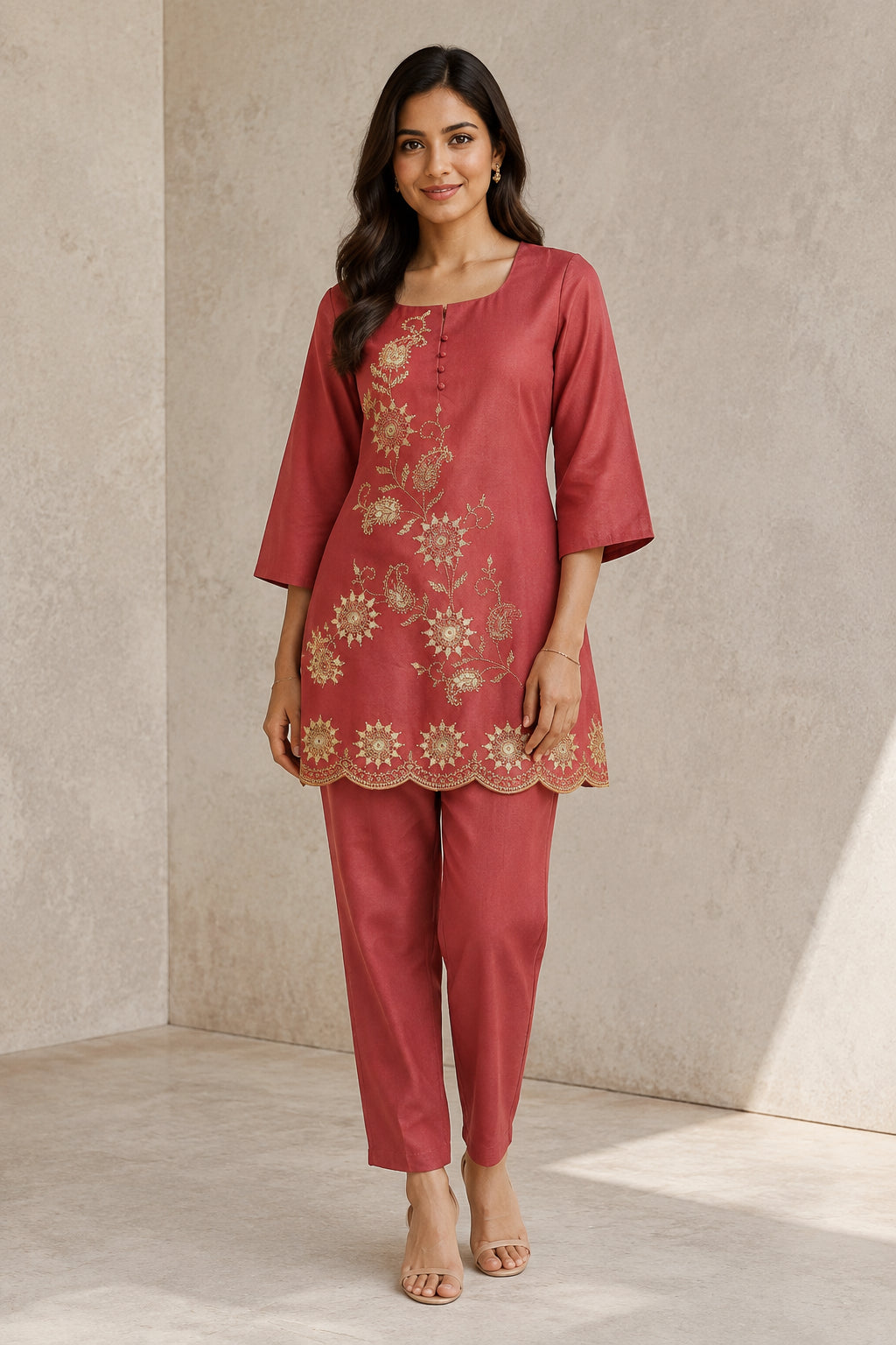 Peachmode Rust Silk Blend Floral Embroidered Top Bottom Set - Image 1
