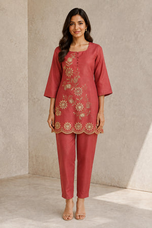 Peachmode Rust Silk Blend Floral Embroidered Top Bottom Set - Image 2